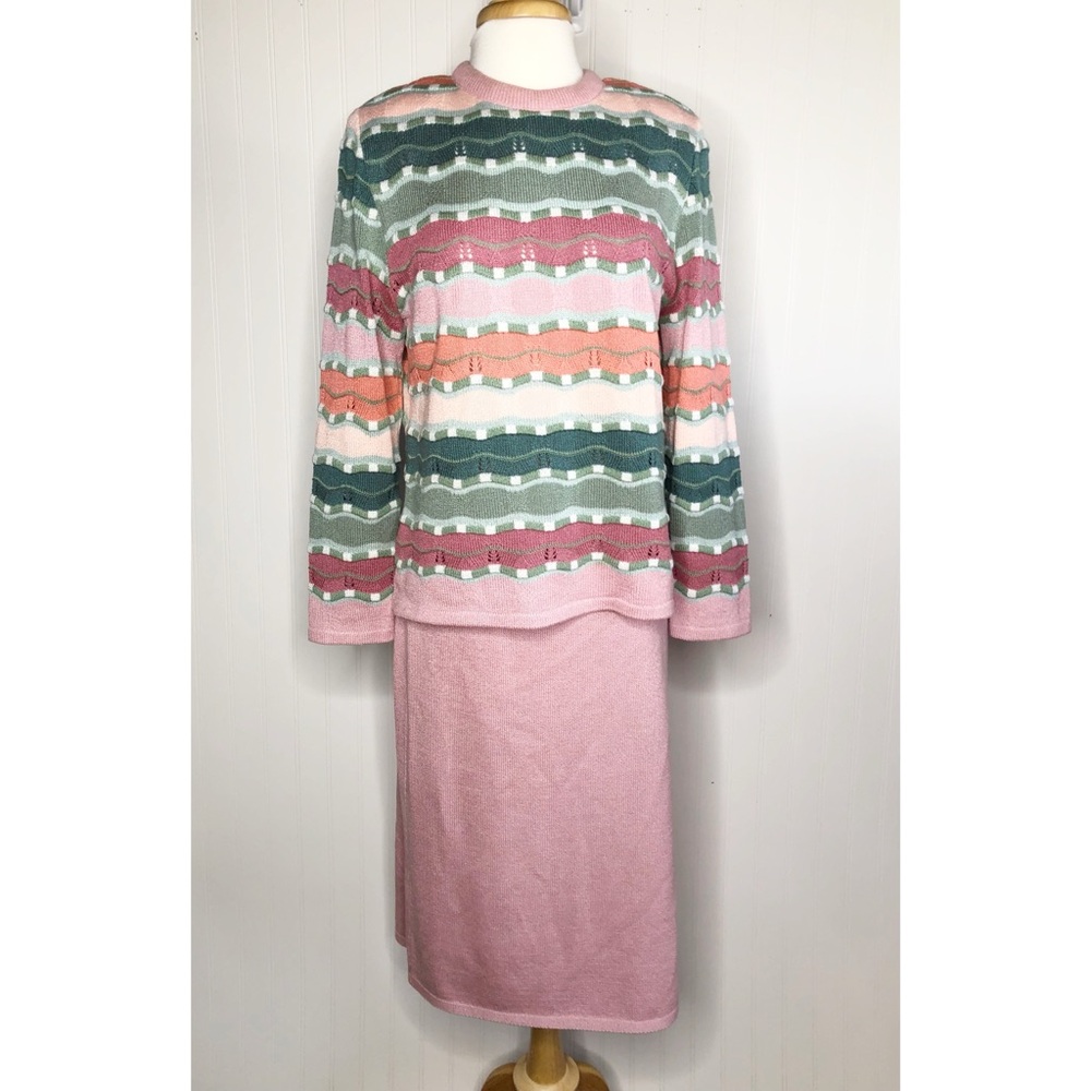 Vintage Castlebrook 80s Sweater & Skirt Knit Set Pink Orange Green Women’s 12
